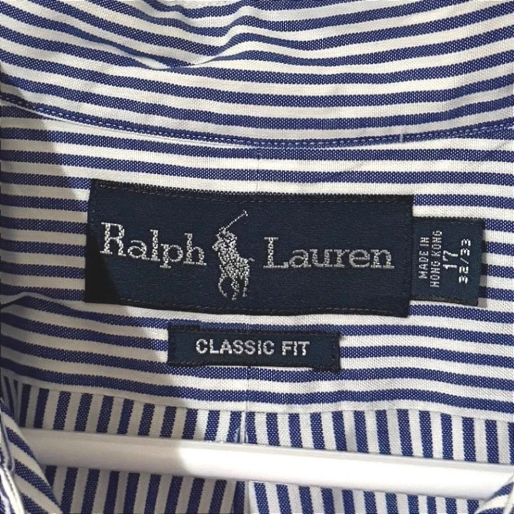 Ralph Lauren Mens Classic Fit Blue White Striped Button Down Shirt 17 32/33